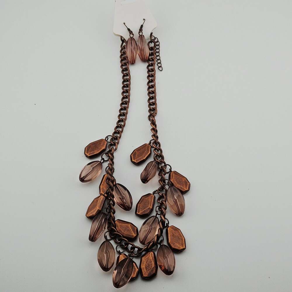 Copper Tone Beaded Drop Statement Necklace & Earrings Set Forest Fairy NEW